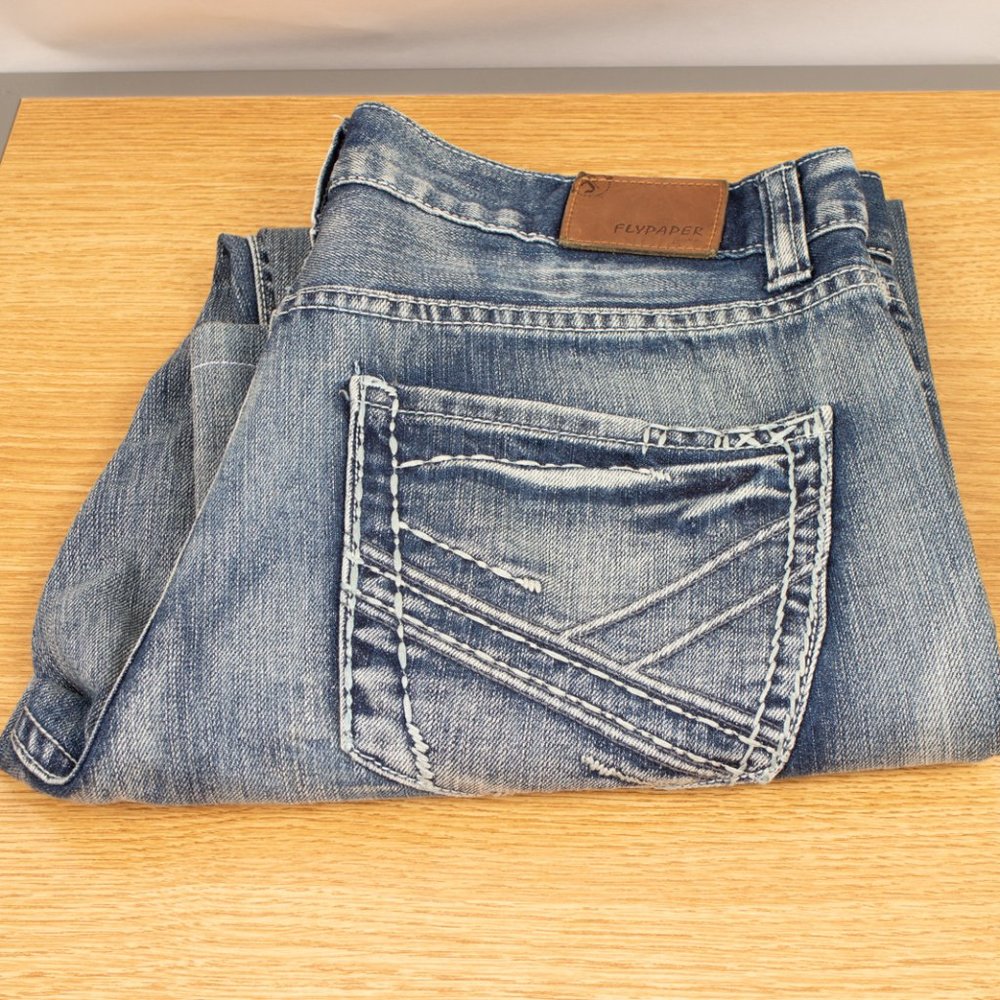 Flypaper Jeans Bootcut 30 (32 X 26) Men's Denim Jeans Medium Wash Zip Fly Hemmed